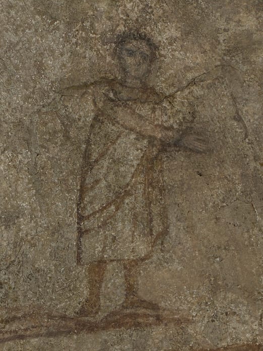Jesús cura al paralítico, fresco del baptisterio de la casa-iglesia de Dura-Europos (Siria), hacia el año 232-256. Es la imagen fechada más antigua de Jesús que se conserva: aparece como un joven imberbe, con túnica corta y pelo corto, al modo de un ciudadano grecorromano cualquiera.