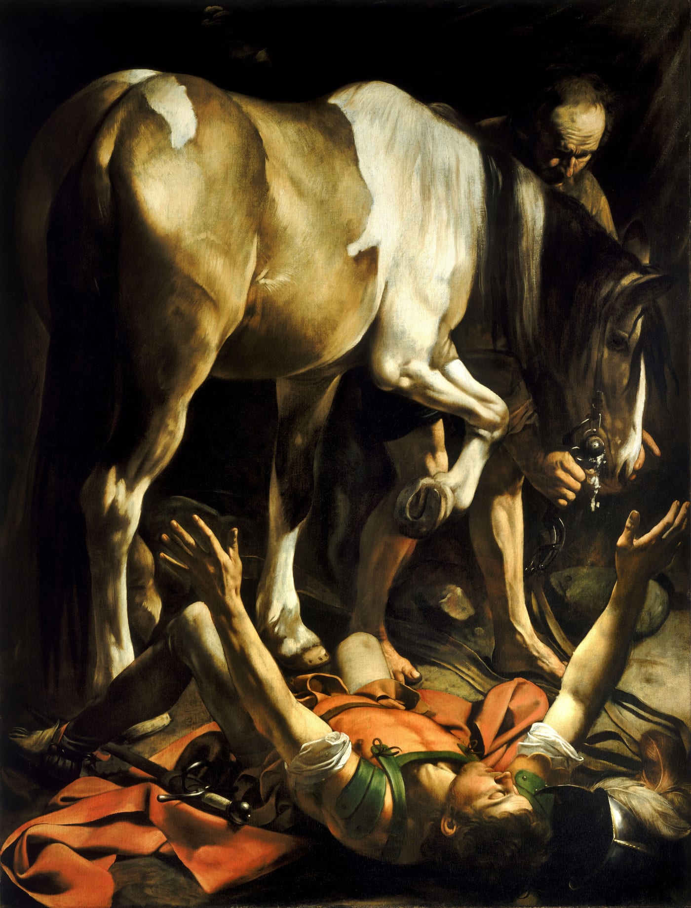 La conversión en el camino a Damasco, Caravaggio (ca. 1600-1601), Capilla Cerasi, Santa Maria del Popolo, Roma. Recepción artística de Hechos 9 — no debe leerse como un registro de cómo era Pablo, sino de cómo lo imaginó Caravaggio 1.500 años después.